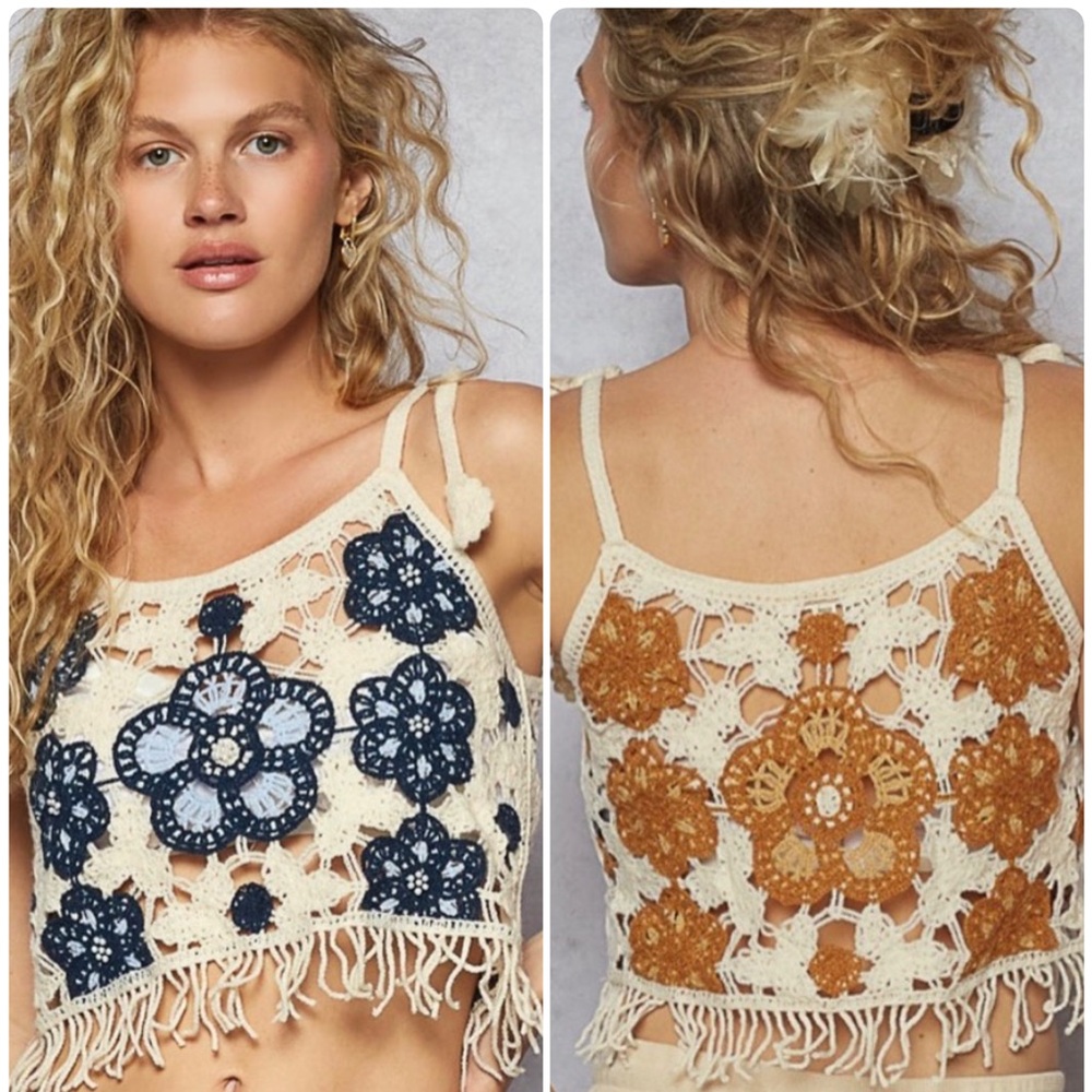 🆕 POL - Crochet - Pearl Embellished - Crop Tank Top - Caramel & Blue